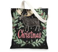 Christmas Mooses Canvas Tote Bag for Shopping 13 * 15, Fun Xmas Hollies Reusable Grocery Shoulder Cloth Bag for Women, Animal Painting Gift Decor
