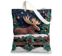 Christmas Mooses Canvas Tote Bag for Shopping 13 * 15, Xmas Novelty Forest Reusable Grocery Bag for Women, Animal Work Travel Pattern Gift Decor