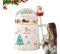 Christmas Mugs Set,Novelty Coffee Mug with Mini Landscape Lid and Spoon,Festive Ceramic Coffee Cup with 3D Dome & Colourful Beads, Ceramic Tea Cups for Parents Friends Kids Holiday Christmas Party