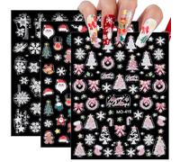 Christmas Nail Art Stickers, 3 Sheets, 5D Embossed, Self-Adhesive, Nail Decals, Snowflake, Santa Claus, Christmas Tree, Elk, Reindeer, Bow Tie, Designs, Nail Decals for Women