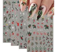 Christmas Nail Art Stickers, 5D Embossed Holly Leaf Nail Stickers, Green Red, Winter Leaf, Reindeer, Snowflakes Design, Holiday, Nail Art Accessories for Women and Girls (4 Sheets)
