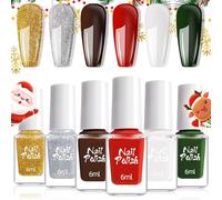 Christmas Nail Polish Set - 6pc Quick Dry Nail Varnish - Red Green White Brown Silver & Gold Glitter Nail Polish Set - Natural Non-Toxic Peel Off Nail Varnish Breathable Chip Resistant