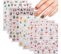 Christmas Nail Stickers Decals Self-Adhesive for Women, 8PC Nail Art Stickers with Snowflake Gingerbread Man Santa Claus Bell Designs, Easy Apply Waterproof Nail Decals for DIY Manicure at Home