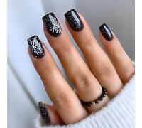 Christmas Nails, 24pcs Square Christmas False Nails, Elegant Stick On Nails With Black Snowflake Design, Fake Nails Press On Nails Glue On Nails For Diy Nail Art Christmas Party