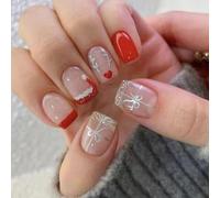 Christmas Nails Decorations 24Pcs Short Square Press on with Silver Glittering Bows Art for Holiday Ornament Decorations