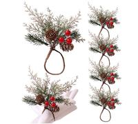 Christmas Napkin Rings 6PCS Pine Cones Needles Christmas Napkin Holders with Red Berries Unique Buckles Tableware Supplies for Wedding Banquet Table Decoration | Rings