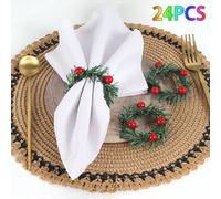 Christmas Napkin Rings Set Of 24 Artificial Pine Needles Berries Napkin Ring Holder Bulk Green Mini Candle Wreath Centerpiece