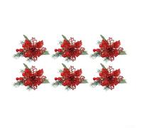 Christmas Napkin Rings Set of 6 Red Green Pine Plastic Holiday Table Decor | Crafted from for durable plastic for holiday dining features festive red flowers and frosted pine needles dimensions 13 x