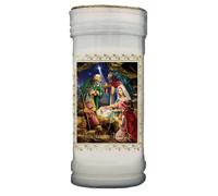 Christmas Nativity Candle Gift 13cm Pillar 72 Hour Burning Gold Highlights Away in A Manger Verse on Back