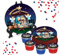 Christmas Nativity Scene 8 INCH Cake or Cupcake Icing Toppers - Fun Xmas Kids Party Cake Decorations Perfect For Brownies Cookies Muffins & More! (35 x Circle Cupcake Toppers (3.5cm x 3.5cm))