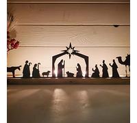 Christmas Nativity Scene Nativity Sets With LED Lights, Light Up Black Metal Nativity Set with Wood Base, Little People Nativity Set Decor, Willow Tree Nativity for Christmas Table Decoration (A)