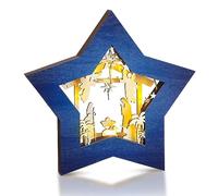 Christmas Nativity Scene Ornament Wooden Nativity Set Christmas Ornament Religious Rustic Christmas Nativity Ornaments Scene Decorations with LED Light for Shelves Tables Decorations (Blue White)