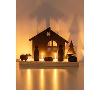 Christmas Nativity Scene Set for Indoor: Romadedi Wooden Crib Sets Candle Holder Decorations with Movable Black Metal Nativity Figures for Table Centerpiece Xmas Living Room Home Decor (30*7*16cm)