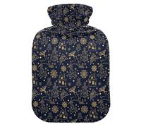 Christmas Navy Gold Reindeer Tree Snowflake Travel Hot Water Bottle with Soft Cover, 1L Hot Compresses for The Body for Sore Muscle