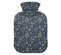 Christmas Navy Green Holly Snowflakes Stars Cute Hot Water Bottle with Soft Cover, 1L Water Bottle Bag for Pain Relief