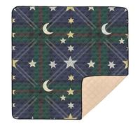 Christmas Navy Green Plaid Stars Moons Large Non-Slip Baby Gym & Activity Mat for Indoor Outdoor Washable Tummy Time Mat for Baby Kids Toddlers Infants, 50'' x 50''