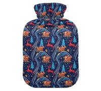 Christmas Navy Red Blue Deer Sleigh Tree Water Bottle for Hot Water with Soft Cover, 1L Water Bottle Bag for Period Cramps