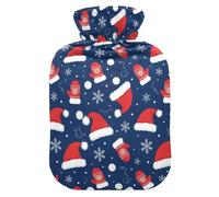 Christmas Navy Red Santa Hat Mitten Snowflake Hot Water Bottles with Soft Cover, 1L Water Bags for Tummy Warmer