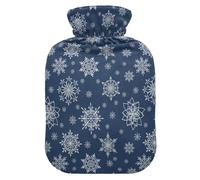 Christmas Navy White Snowflakes Pattern Water Bottle for Hot Water with Soft Cover, 1L Hot Water Bag for Hand Feet Warmer