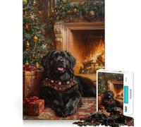Christmas Newfoundland Dog by Fireplace Painting 1000 Piece Jigsaws for Adults Puzzle Unwind Game Sharp Edge Playful Challenge Home Accent (38x26cm)