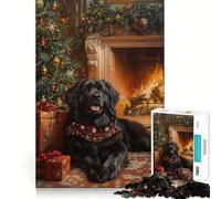 Christmas Newfoundland Dog by Fireplace Painting 1000 Piece Puzzle For Adults Decompress Game Vivid Color Playful Challenge Festive Gift (50x75cm)