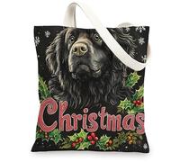 Christmas Newfoundland Dog Canvas Tote Bag for Shopping 13 * 15, Fun Xmas Hollies Reusable Grocery Shoulder Cloth Bag for Women, Pet Painting Gift Decoration