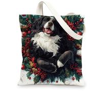 Christmas Newfoundland Dog Canvas Tote Bag for Shopping 13 * 15, Fun Xmas Hollies Reusable Grocery Shoulder Cloth Bag for Women, Pet Painting Gift Decor