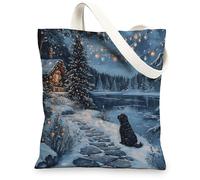 Christmas Newfoundland Dog Canvas Tote Bag for Shopping 13 * 15, Xmas Snowy Scene Reusable Grocery Shoulder Cloth Bag for Women, Pet Painting Gift Decor