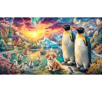 Christmas-Night-with-Penguins-and-Reindeer Adult Jigsaws 1000 Pieces Challenging Puzzles Educational Games Beautiful Decoration Puzzle for Wall Decoration and Gifts 38x26/1000pcs