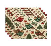Christmas Nightingales Bird Placemats Set of 4, 12x18 Inch, Festive Tree Hollies 4Pcs Seasonal Table Mats for Home Dinning, Xmas Holiday Party Kitchen Decor