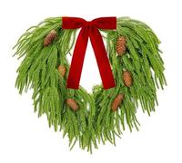 Christmas Norfolk Pine Wreath with Bow and Pinecone, 46cm/18.1Inch Heart Shape Christmas Green Pine Wreath with Bow Artificial Xmas Garland for Xmas Indoor Outdoor Farmhouse Window Festival Decor