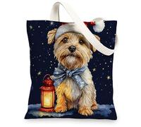 Christmas Norfolk Terrier Dog Canvas Tote Bag for Shopping 13 * 15, Cute Xmas Stars Reusable Grocery Shoulder Bag for Women, Pet Painting Gift Decor