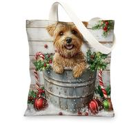 Christmas Norfolk Terrier Dog Canvas Tote Bag for Shopping 13 * 15, Cute Xmas Wood Reusable Grocery Bag for Women, Pet Work Travel Painting Gift Decor