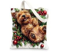 Christmas Norfolk Terrier Dog Canvas Tote Bag for Shopping 13 * 15, Fun Xmas Hollies Reusable Grocery Bag for Women, Pet Travel Painting Gift Decoration