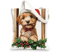 Christmas Norfolk Terrier Dog Canvas Tote Bag for Shopping 13 * 15, Funny Xmas Windows Reusable Grocery Bag for Women, Pet Work Travel Pattern Gift Decor
