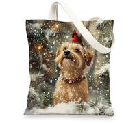 Christmas Norfolk Terrier Dog Canvas Tote Bag for Shopping 13 * 15, Xmas Cardinal Snowy Reusable Grocery Shoulder Cloth Bag for Women, Pet Painting Gift Decoration