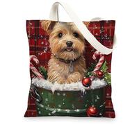 Christmas Norfolk Terrier Dog Canvas Tote Bag for Shopping 13 * 15, Xmas Farmhouse Plaid Reusable Grocery Bag for Women, Pet Work Travel Pattern Gift Decor