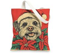 Christmas Norfolk Terrier Dog Canvas Tote Bag for Shopping 13 * 15, Xmas Poinsettia Reusable Grocery Shoulder Bag for Women, Pet Painting Gift Decoration