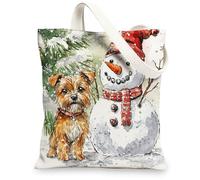 Christmas Norfolk Terrier Dog Canvas Tote Bag for Shopping 13 * 15, Xmas Snowmen Tree Reusable Grocery Shoulder Cloth Bag for Women, Pet Painting Gift Decor