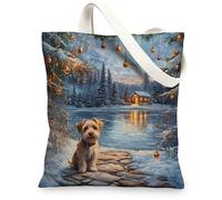 Christmas Norfolk Terrier Dog Canvas Tote Bag for Shopping 13 * 15, Xmas Snowy Scene Reusable Grocery Bag for Women, Pet Travel Painting Gift Decoration