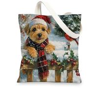 Christmas Norfolk Terrier Dog Canvas Tote Bag for Shopping 13x15, Winter Farmhouse Xmas Puppy Reusable Grocery Print Pattern Bag for Women, Happy New Year Beach Aesthetic Painting Gift Decor