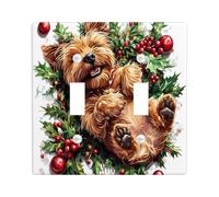 Christmas Norfolk Terrier Dog Decorative Light Switch Cover Wall Plate 2 Gang Double Toggle, Fun Xmas Hollies Electrical Faceplate for Kitchen Bathroom, Pet Switchcover Decor