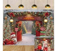 Christmas North Pole Backdrop Winter Snow Forest Barn Door Xmas Tree Photography Background Winter Christmas Family Holiday Party Decorations Banner Photo Props (7X5FT(82 x 59 inch))