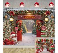 Christmas North Pole Backdrop Winter Snow Forest Barn Door Xmas Tree Photography Background Winter Christmas Family Holiday Party Decorations Banner Photo Props (8X6FT(94 x 70 inch))