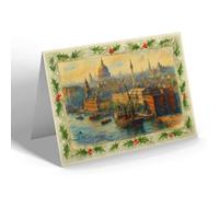 CHRISTMAS NOTELET - London, from Tower Bridge Looking Up River - Vintage Art Style