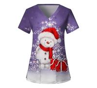 Christmas Nurses Top - Classic Fit Scrubs Top - Cute Print Work Uniform Tunic for Women Doctors Nurses Hospital Staff UK Spa Salons Nail Technicians - Purple