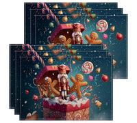 Christmas Nutcracker and Gingerbread Placemats, Colorful Festive Table Mats for Holiday Dining, Non-Slip Washable Indoor Outdoor Decorative Placemat Set of 6