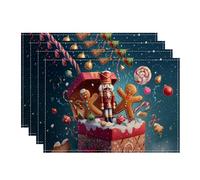 Christmas Nutcracker and Gingerbread Placemats, Colorful Festive Table Mats for Holiday Dining, Non-Slip Washable Indoor Outdoor Decorative Placemat Set of 4