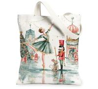 Christmas Nutcracker Canvas Tote Bags, Festive Ballet Design, Reusable Bags for Winter Travel, Lightweight Washable Shoulde, White, 13x15 Inch