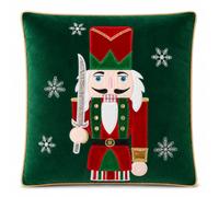 Christmas Nutcracker Cushion Cover Green Velvet Embroidered Festive 16x16 | Luxurious deep green velvet cushion cover with applique nutcracker design gold piped edging decorative snowflake embroidery